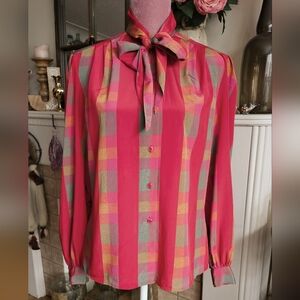 1960's Kay Silver Tie Neck Button-up Blouse. Vintage Blouse. Geometric.